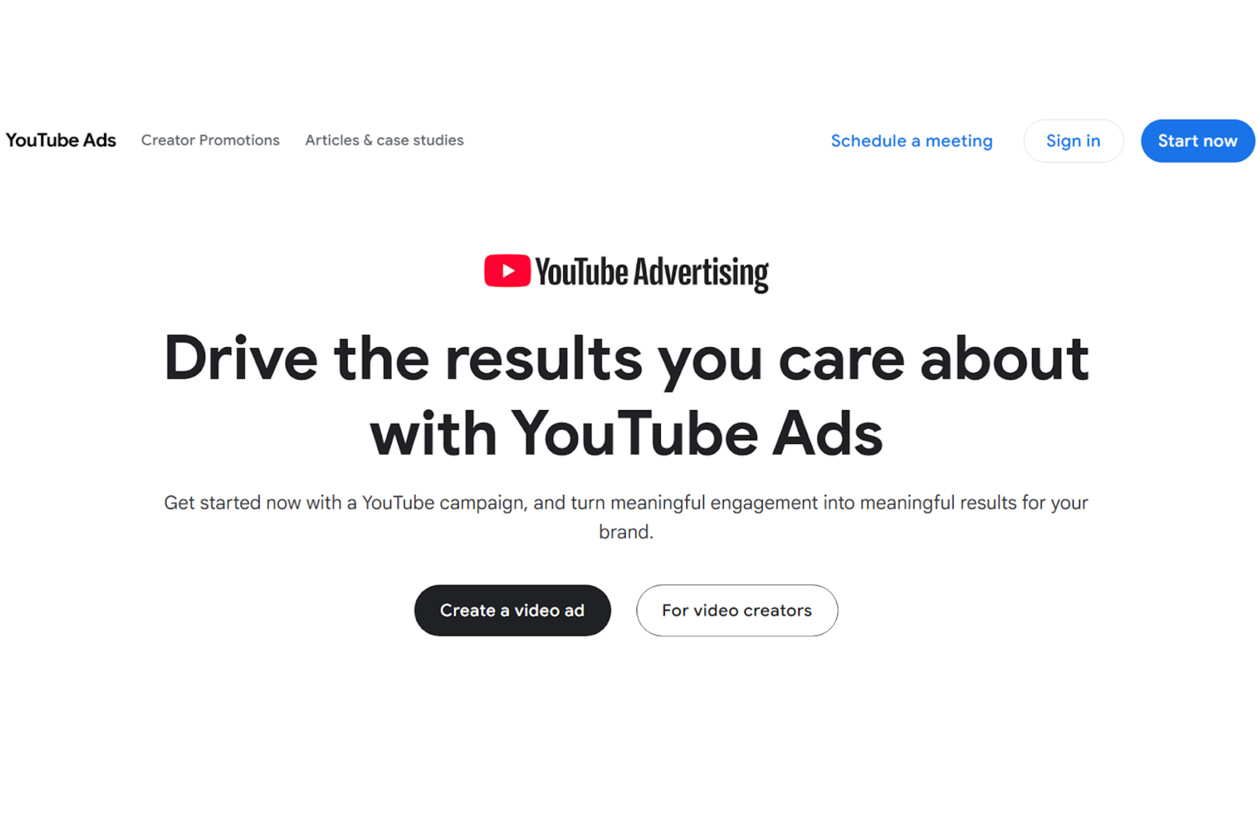 una captura de pantalla de la página principal de Youtube Ads