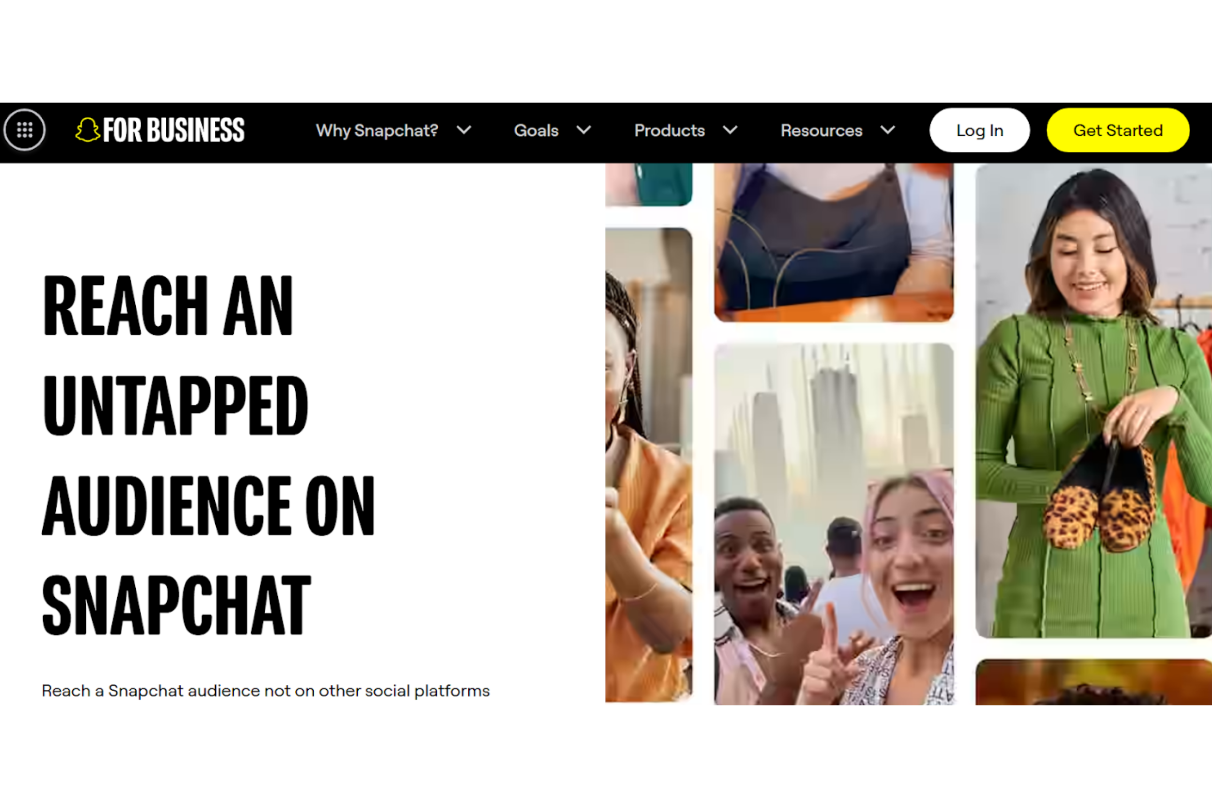 una captura de pantalla de la página principal de Snapchat ads