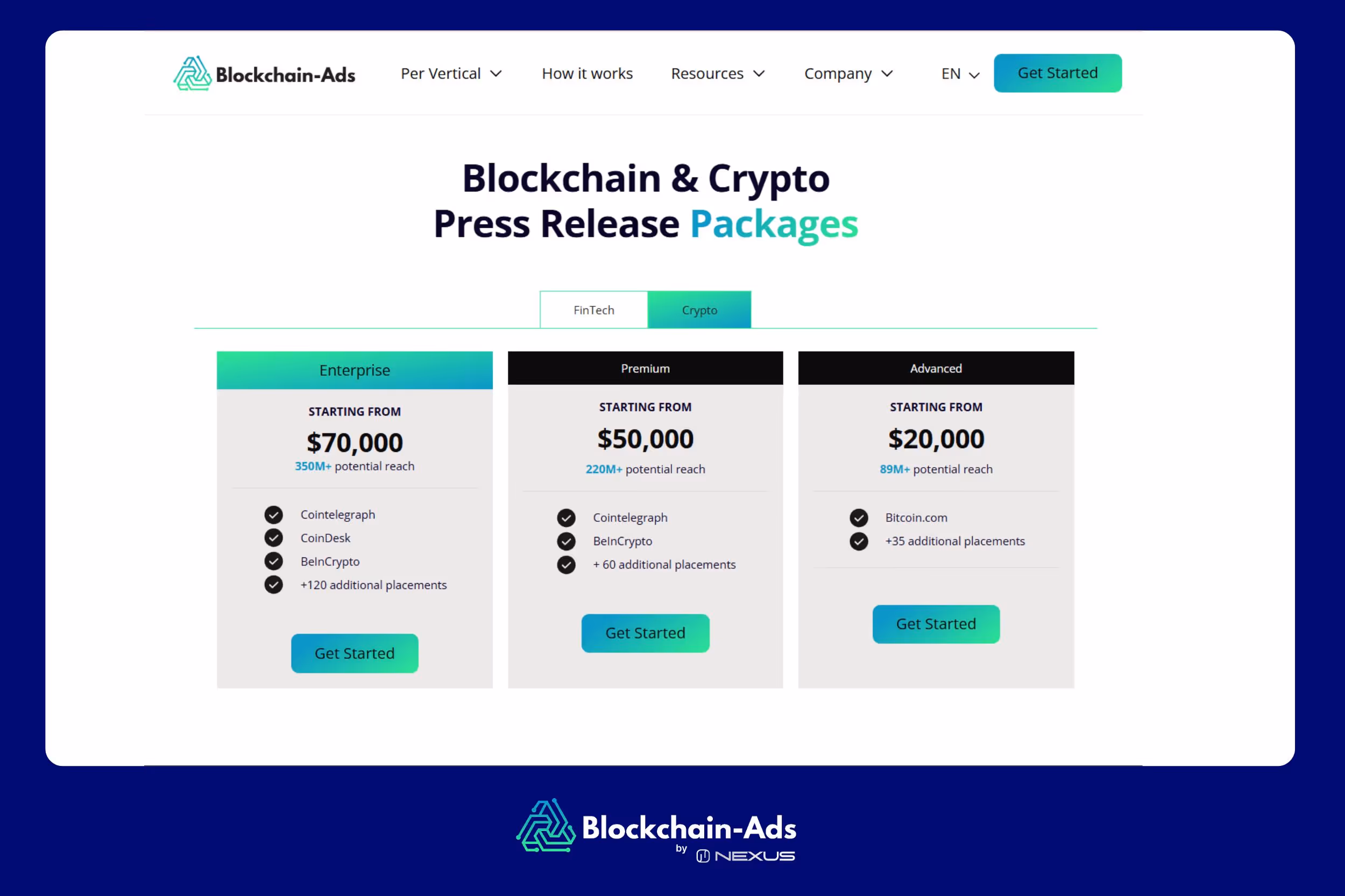 Blockchain-Ads crypto press release distribution service showing tier 1, 2, and 3 publications
