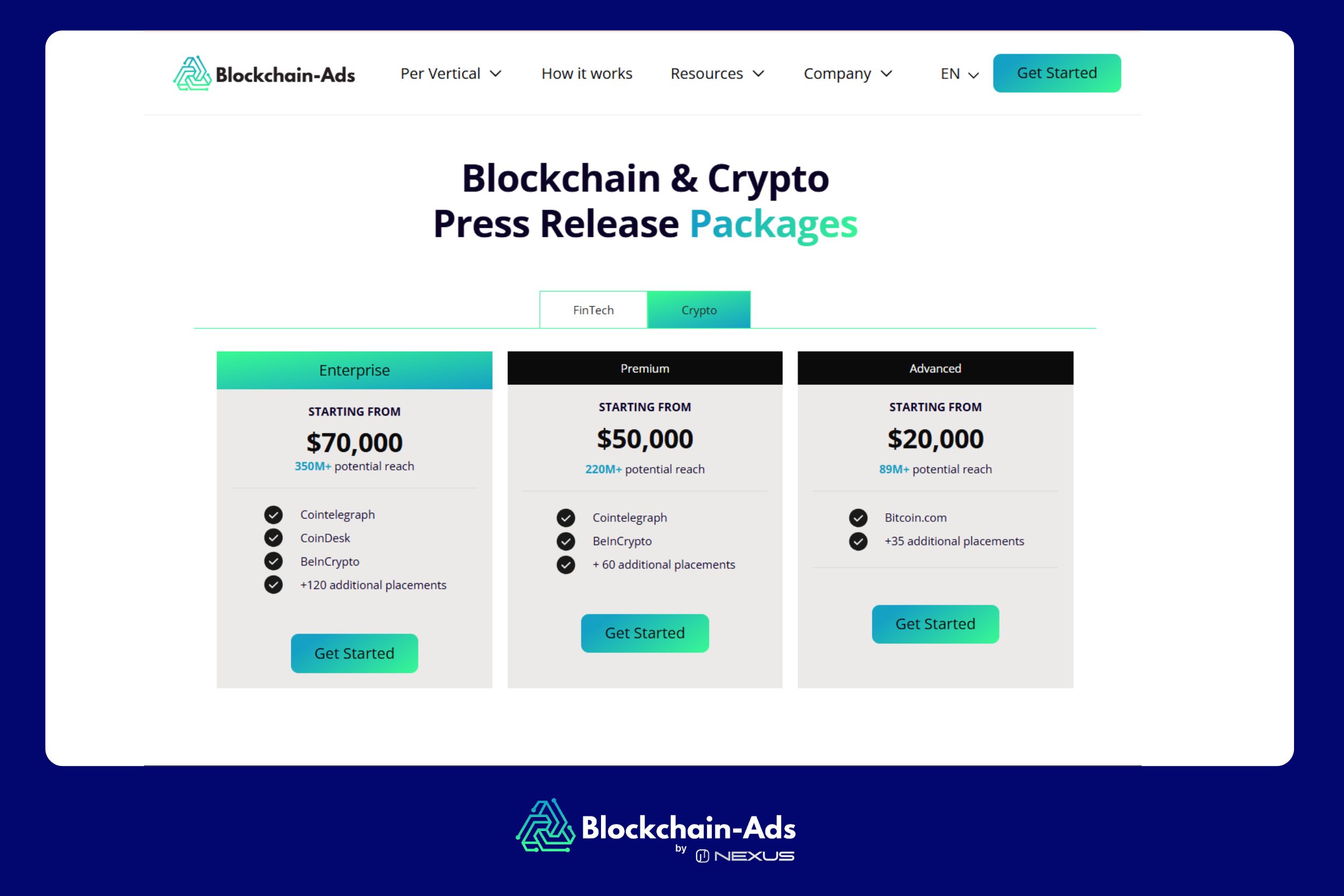 Blockchain-Ads crypto press release distribution service showing tier 1, 2, and 3 publications