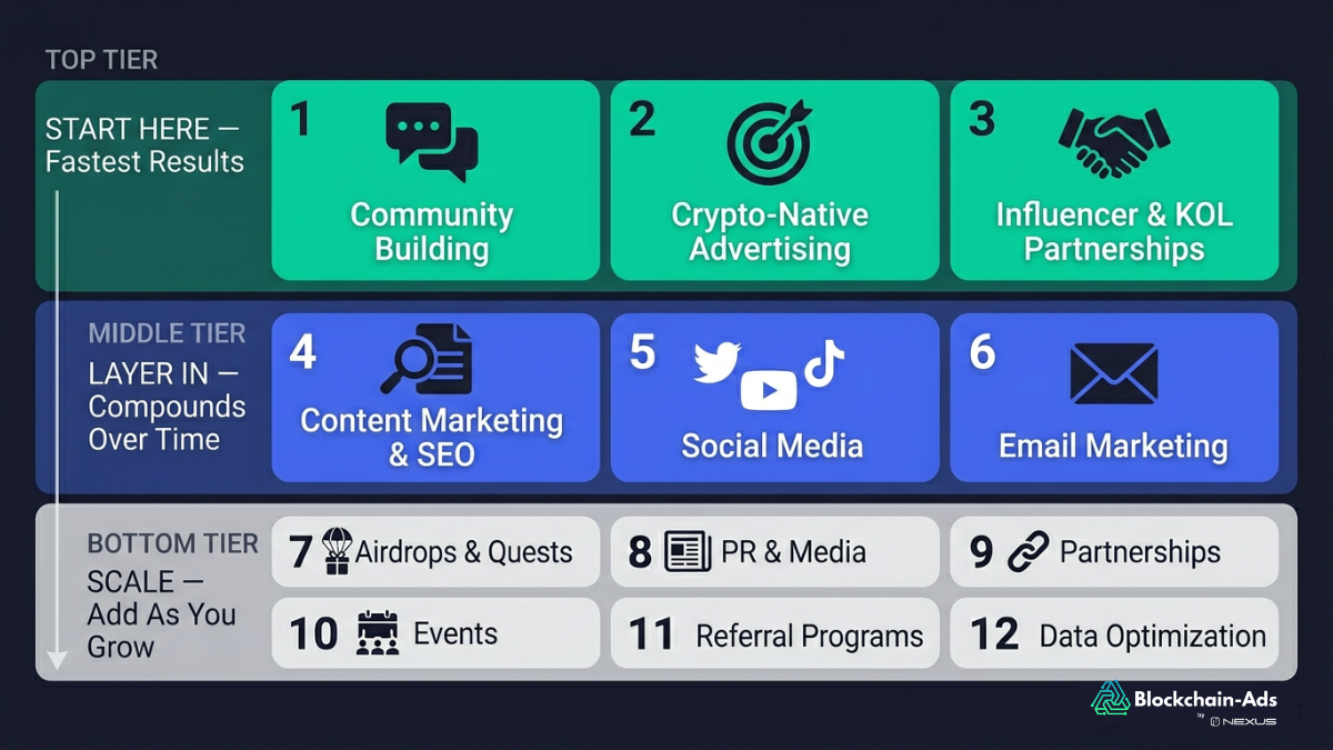 Priority map of 12 crypto marketing strategies grouped into three tiers: start here (community, crypto ads, KOL), layer in next (SEO, social, email), and scale later (airdrops, PR, partnerships, events, referrals, data optimization)