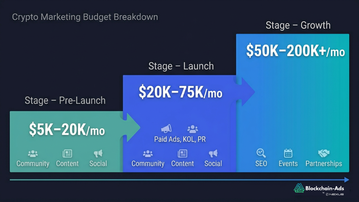 Crypto marketing budget breakdown by project stage: pre-launch $5K-20K per month focused on community, launch phase $20K-75K per month adding paid and KOL, growth phase $50K-200K+ per month scaling all channels
