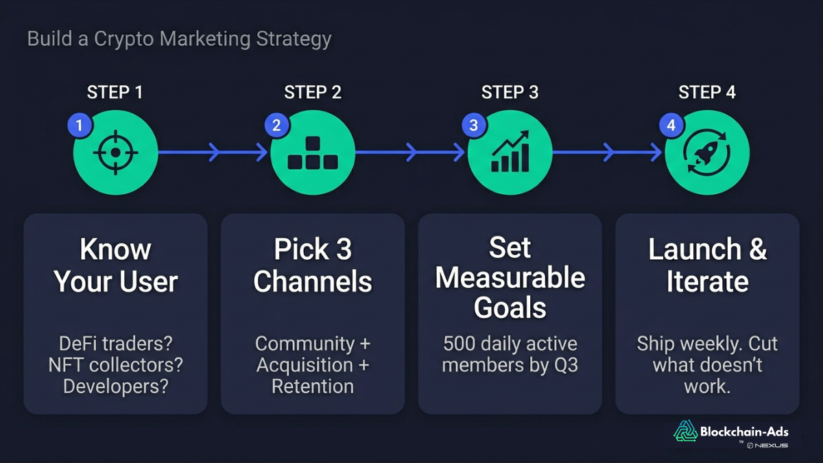 Four-step crypto marketing strategy framework: step 1 know your user, step 2 pick 3 channels, step 3 set measurable goals, step 4 launch fast and iterate