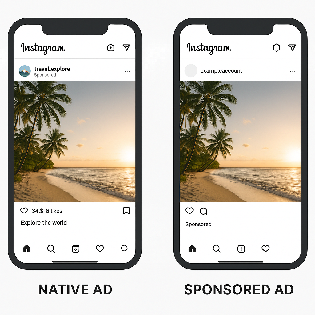 インスタグラムでのネイティブ広告 vs スポンサードコンテンツのイラスト