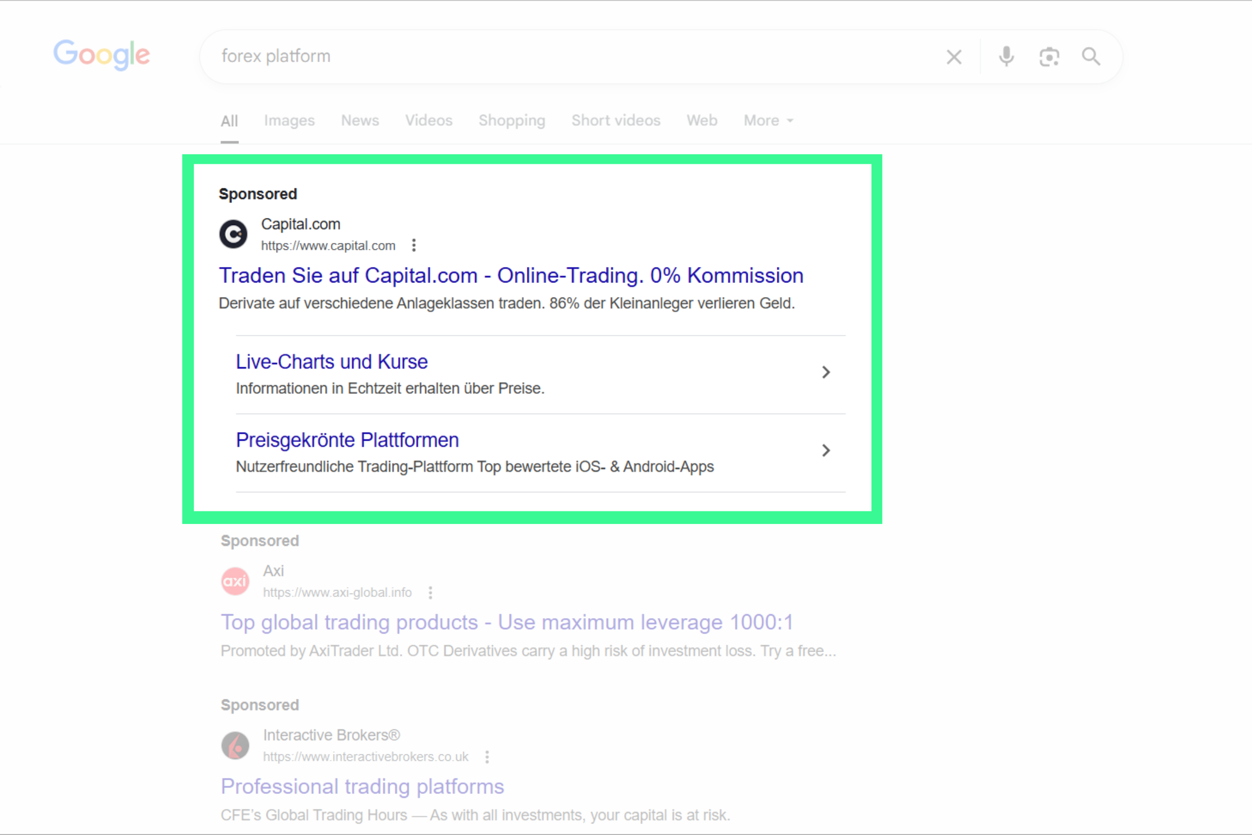 search ads appearing on Google for "forex platform" query