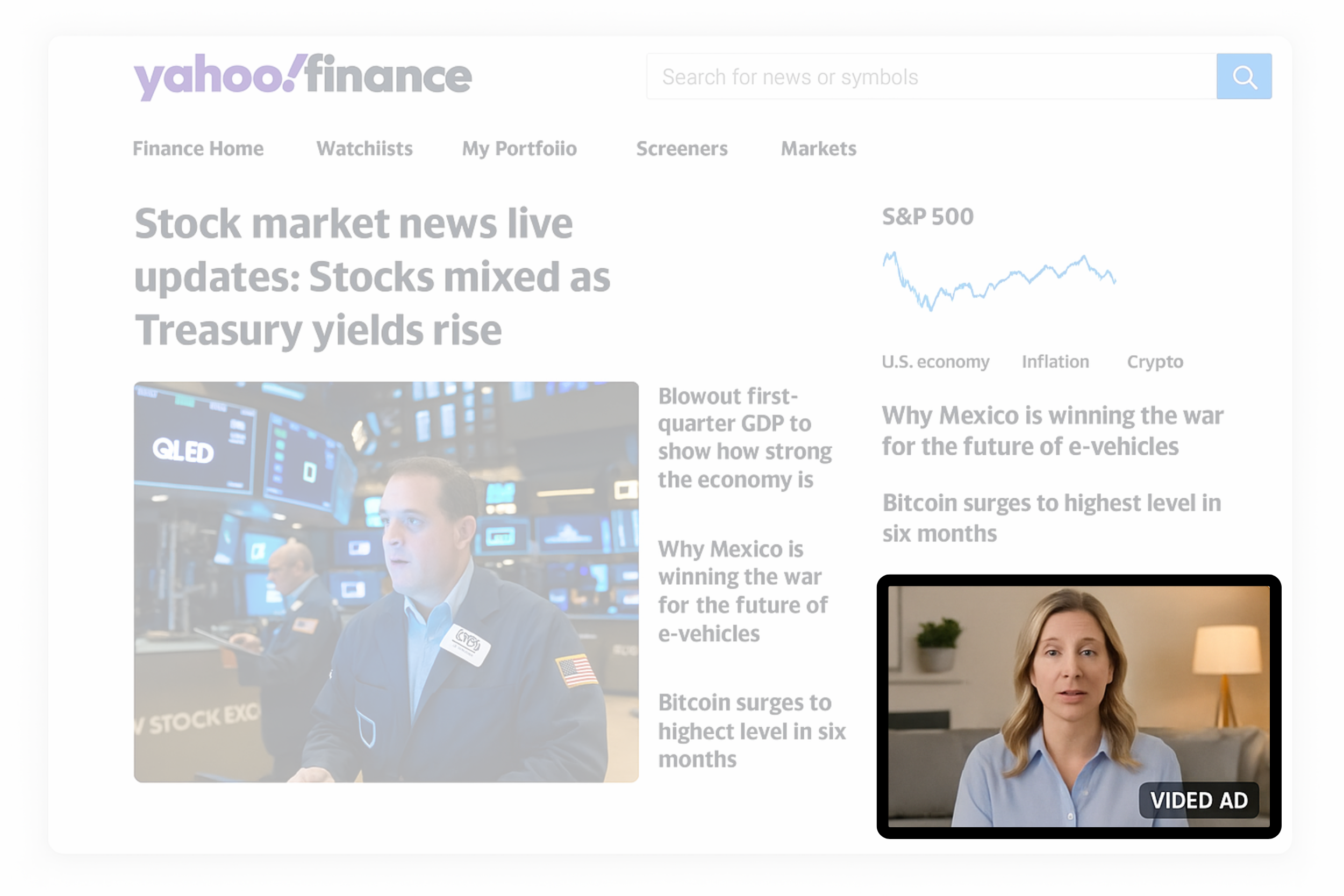 Video ad in bottom right corner of Yahoo Finance homepage.