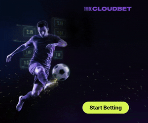 Cloudbet: animated display, 300×250, a football action shot supplies movement, then the three-line copy explains the crypto-betting proposition.