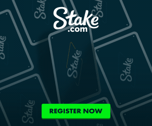 Stake.com: animated display, 300×250, casino games context before the message turns into a simple invitation with a bonus attached.