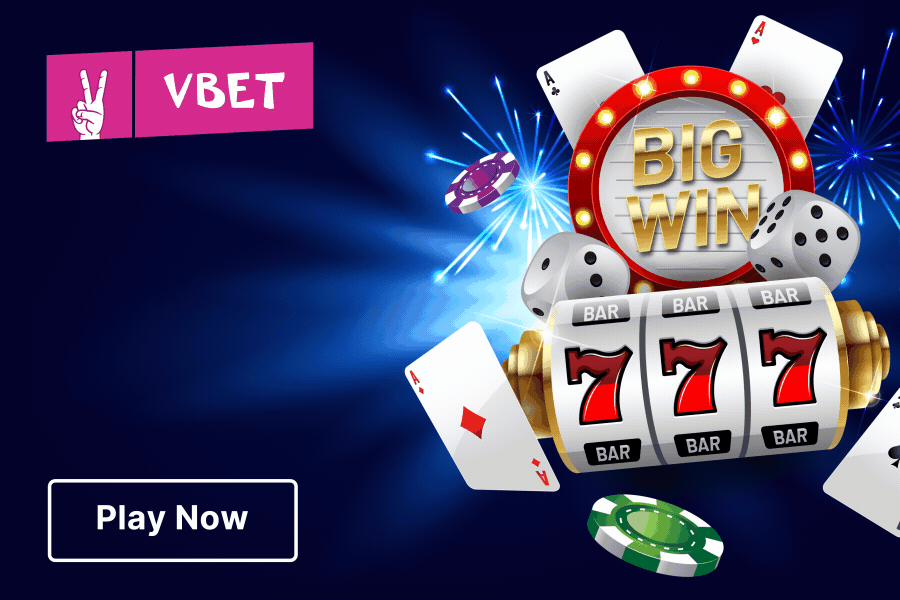Vbet: display, 900×600, a "Big Win" slot-reel visual gives the €100 casino bonus, and 100 free spins offer an unmistakable gameplay cue.