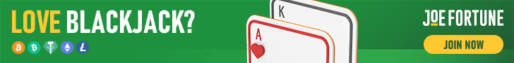 Joe Fortune: display, 728×90, "Love Blackjack?" names the skill-based table game directly, giving strategy-minded players a reason to click that a generic pokies bonus wouldn't.