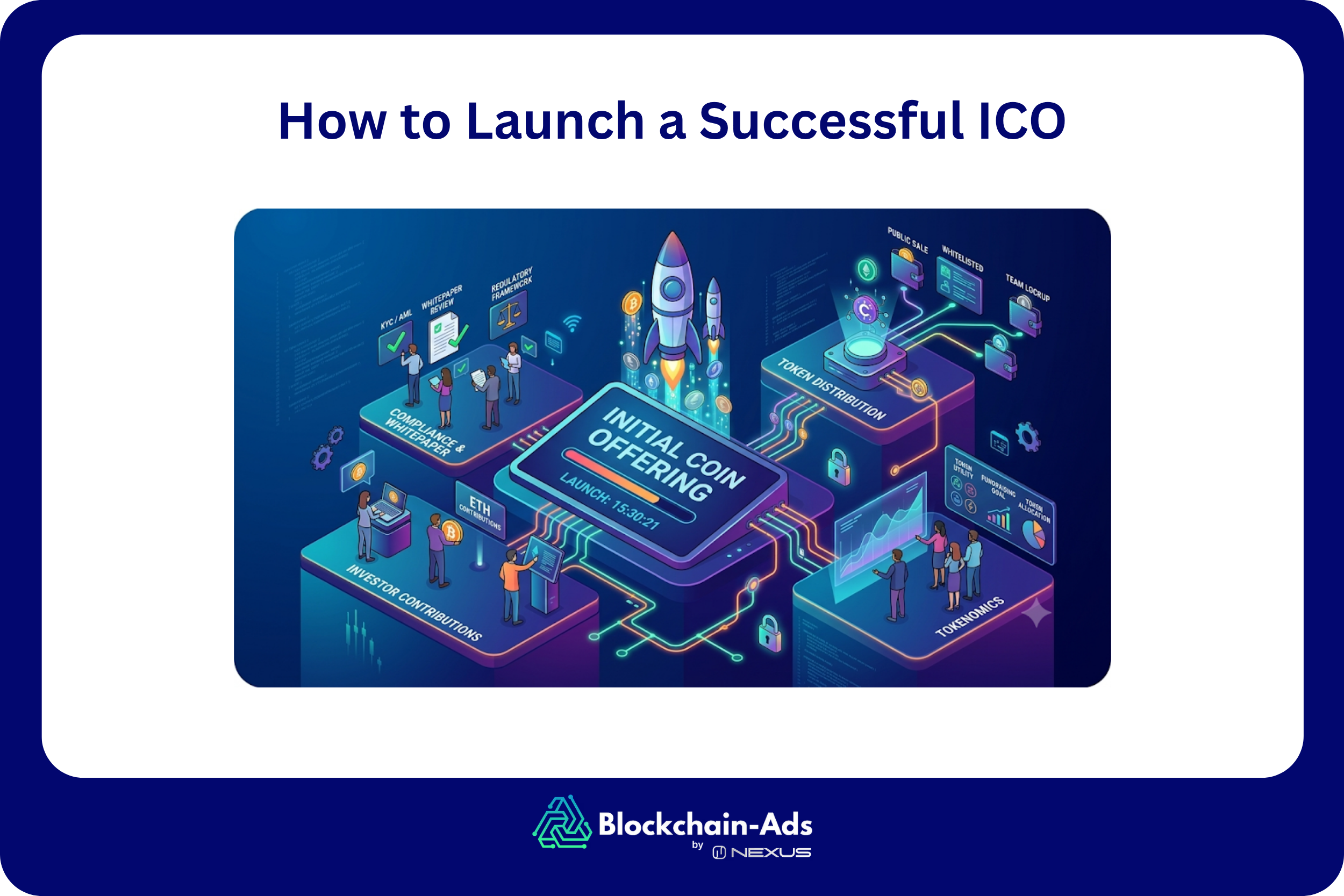 Isometric illustration of an ICO launch showing compliance and whitepaper review, investor contributions, token distribution