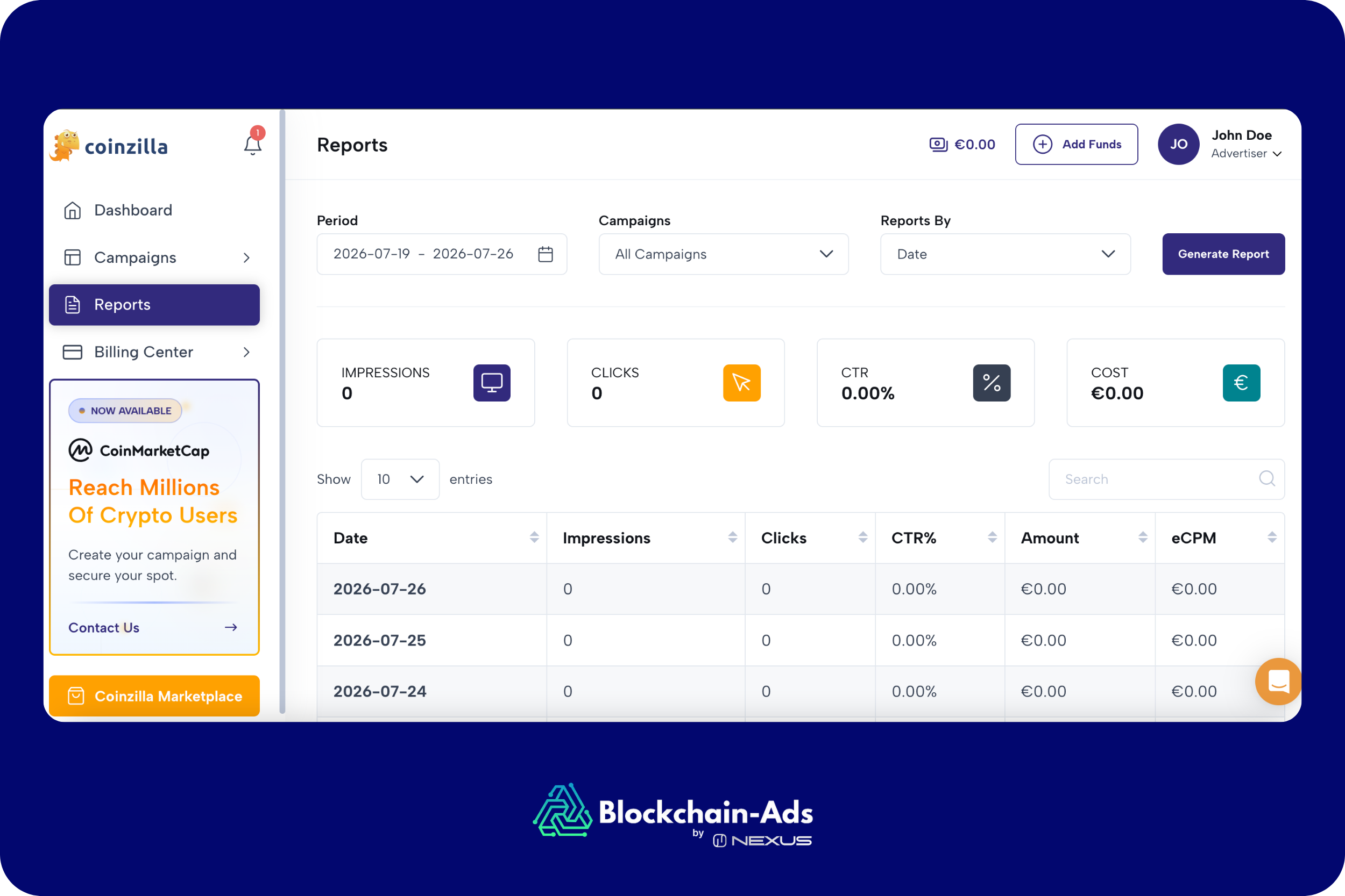 a screenshot from coinzilla advertising dashboard showing their reporting page