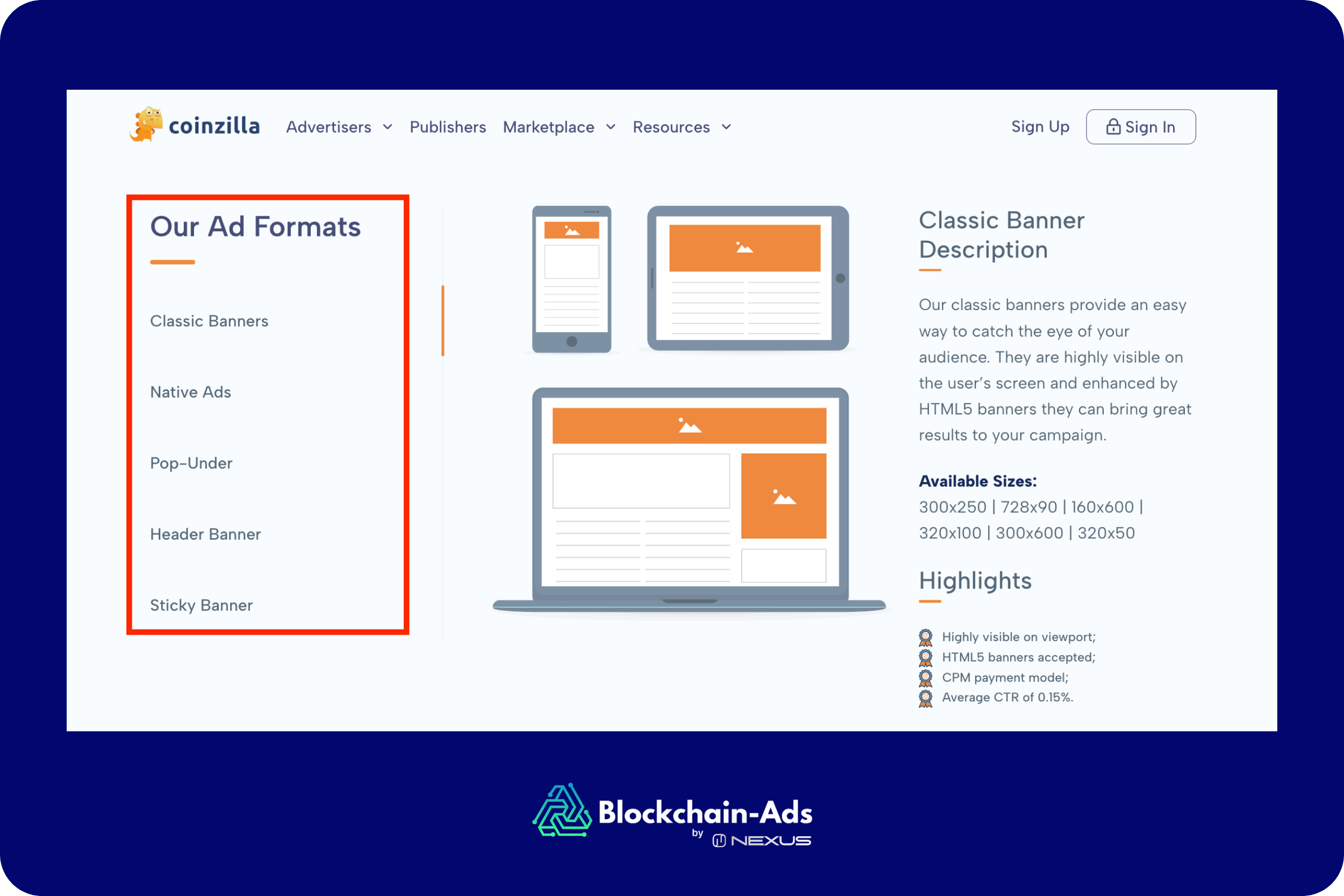 a screenshot from coinzilla landing page showing their ad formats