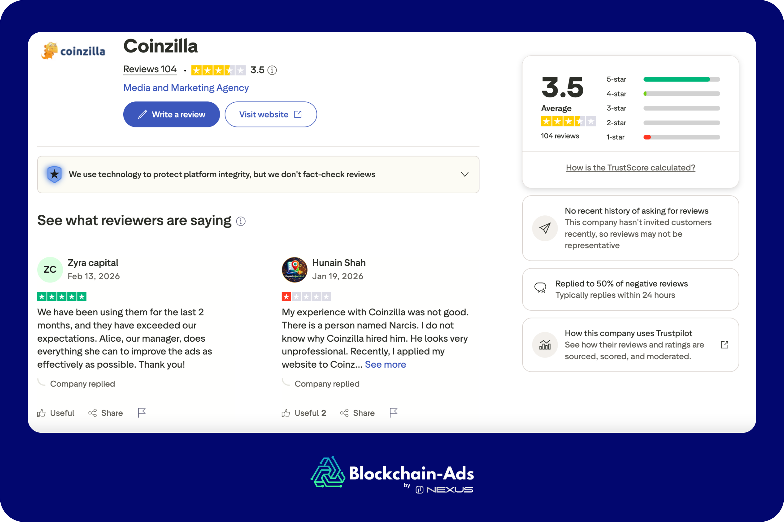 a screenshot from trustpilot showing coinzilla reviews