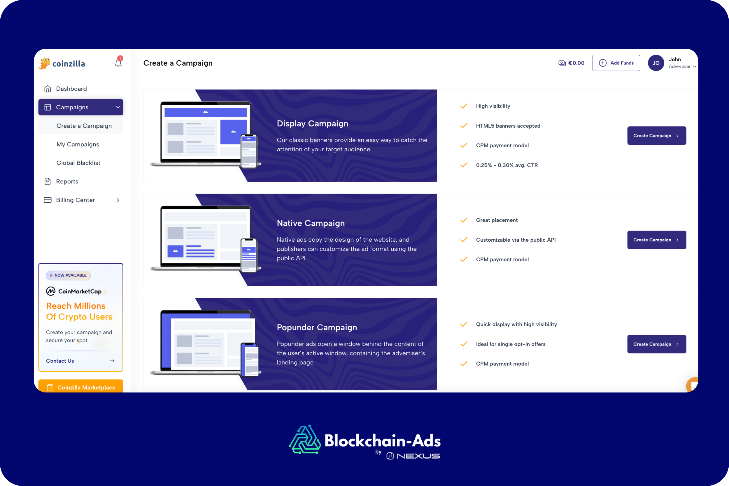 a screenshot from coinzilla advertising platform, how to create a campaign