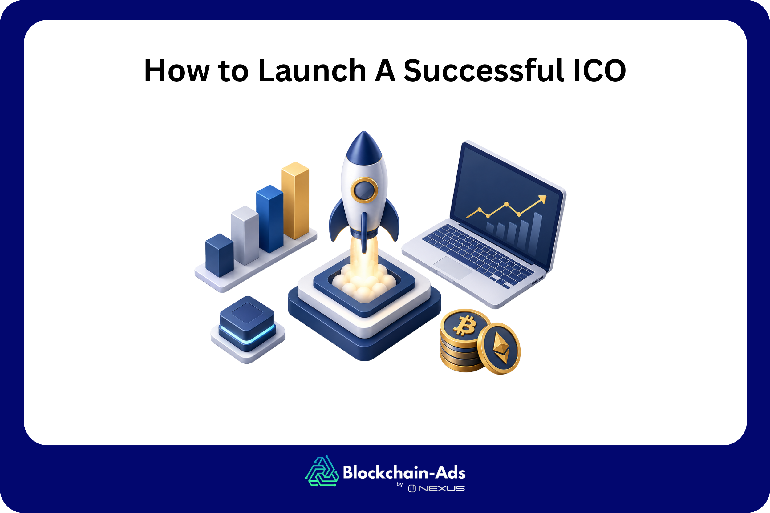Isometric illustration of an ICO launch showing compliance and whitepaper review, investor contributions, token distribution