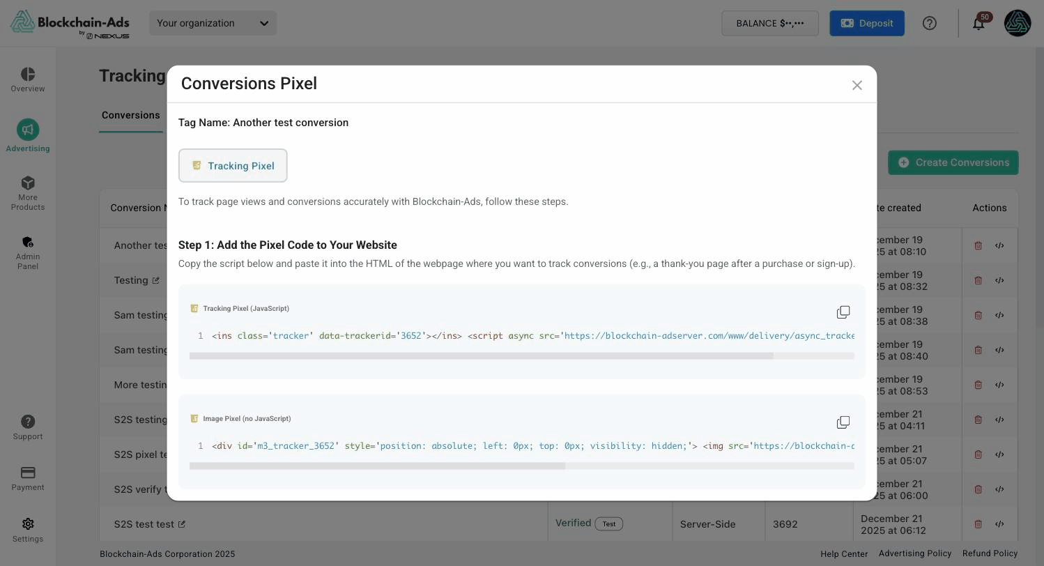 HUB의 Conversions Pixel 창. Tracking Pixel과 Image Pixel 코드 표시