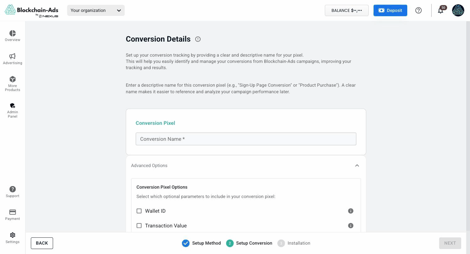 HUB의 Conversion Pixel Options. Wallet ID와 Transaction Value 표시