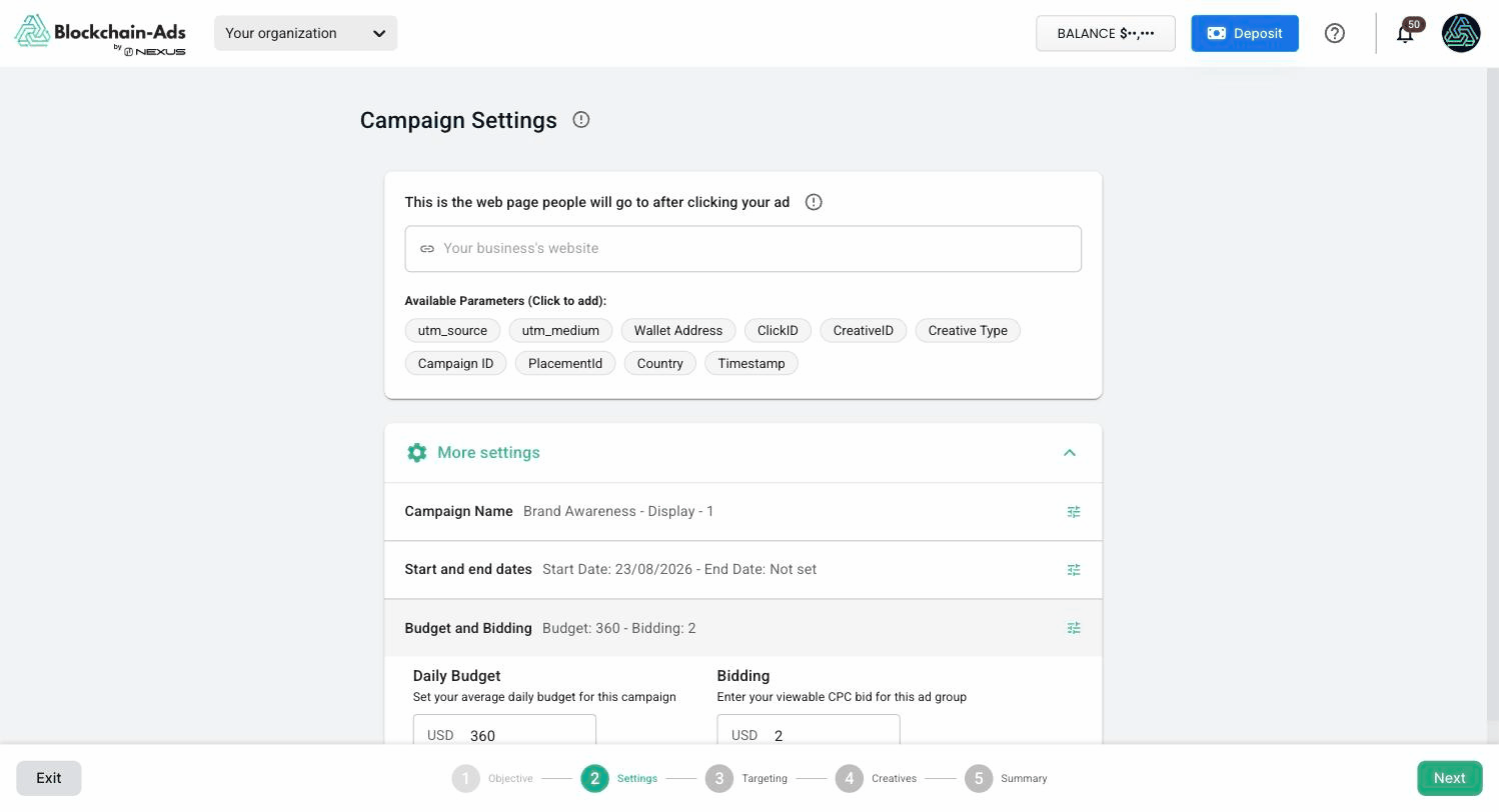 Campaign Settings in HUB, with Budget and Bidding expanded to show Daily Budget and the viewable CPC bid