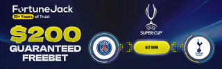 FortuneJack: mobile banner, 320×100, a free-bet offer paired with players from major football leagues keeps the incentive legible in a compact space.