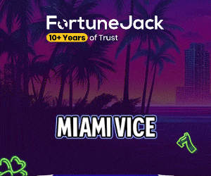 FortuneJack: display, 300×250, a Miami Vice theme turns the seasonal free-spins message into something more specific than an evergreen welcome offer.