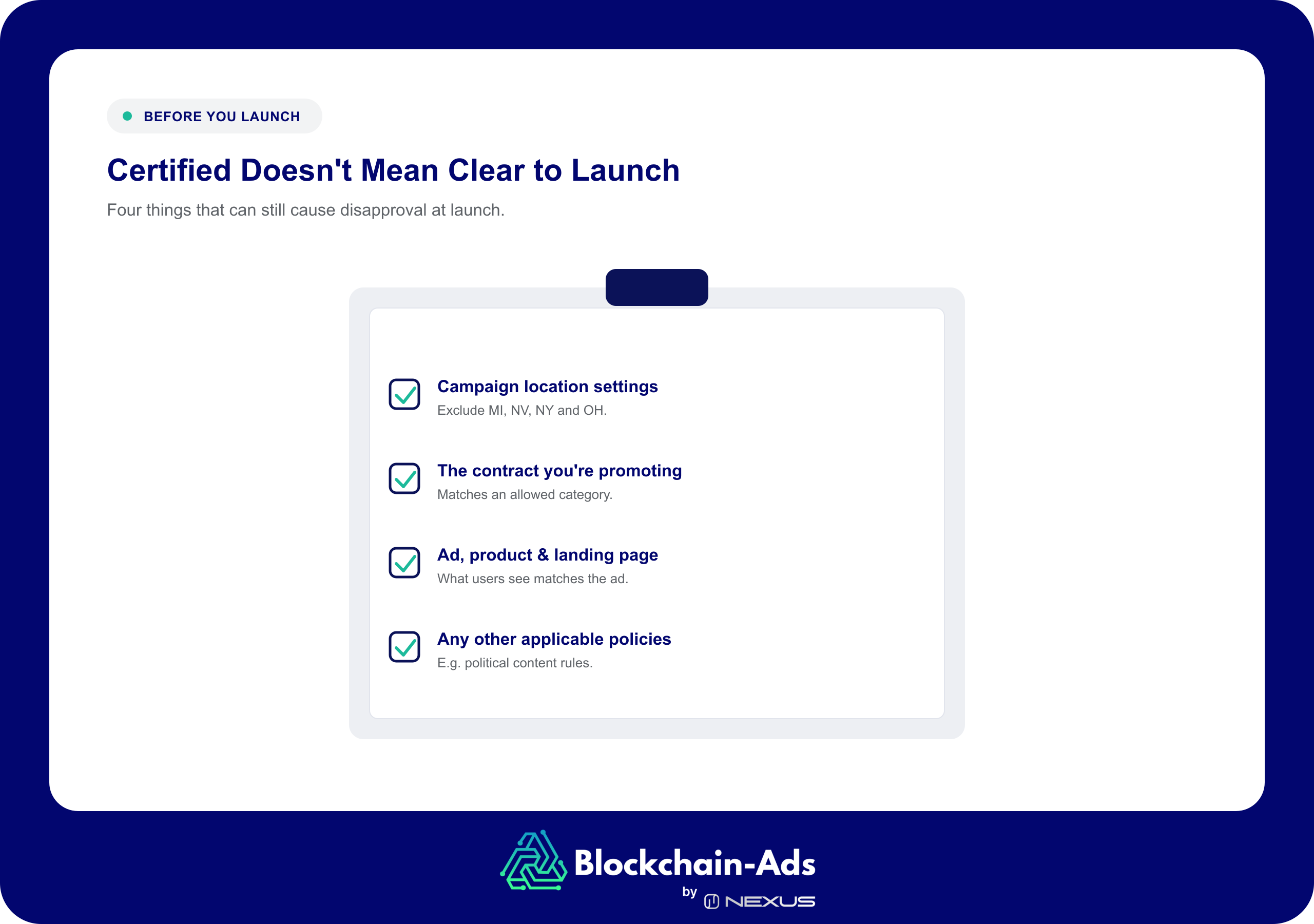 A clipboard with a four-point pre-launch checklist: campaign location settings excluding MI, NV, NY, OH; the contract matches an allowed category; ad, product and landing page are consistent; and any other applicable policies like political content rules.