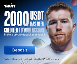 1win: display, 300×250, shows how a large amount comes first, while the smaller line states the deposit condition to unlock it.