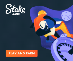 Stake.com: animated display, 300×250, the illustration keeps the tone energetic, while the orange CTA remains distinct from the background.