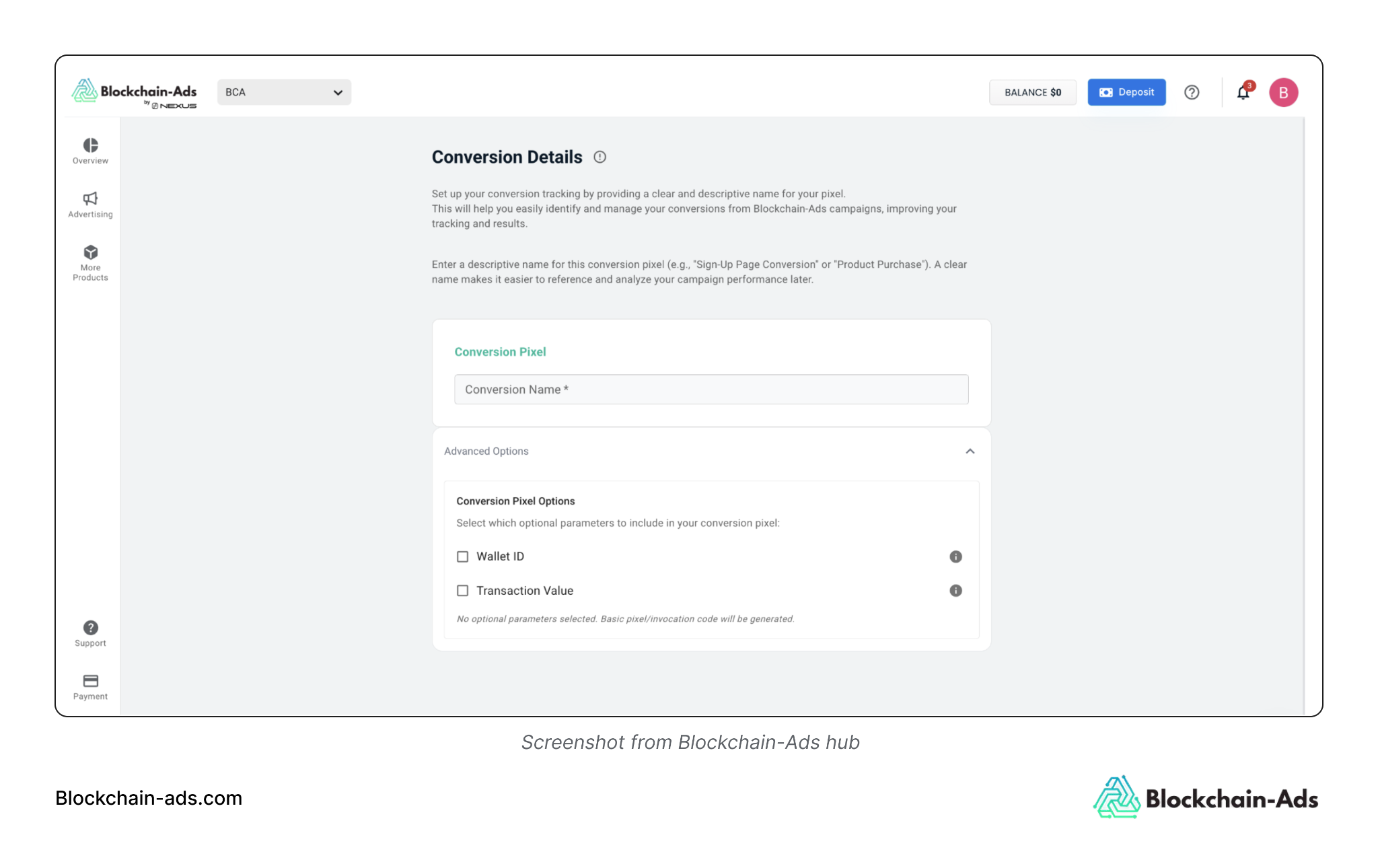 Advanced option for creating conversion on Blockchain-Ads Hub