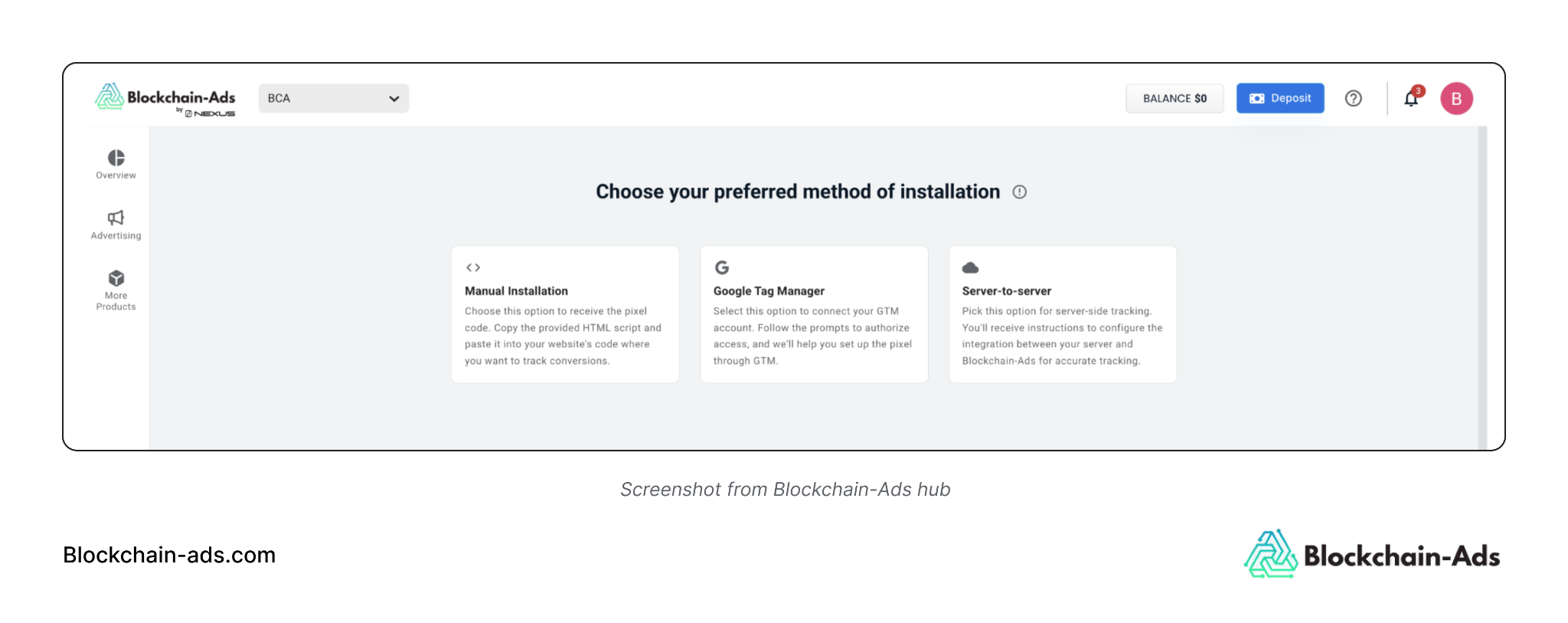 Pixel installation process on Blockchain-Ads Hub 