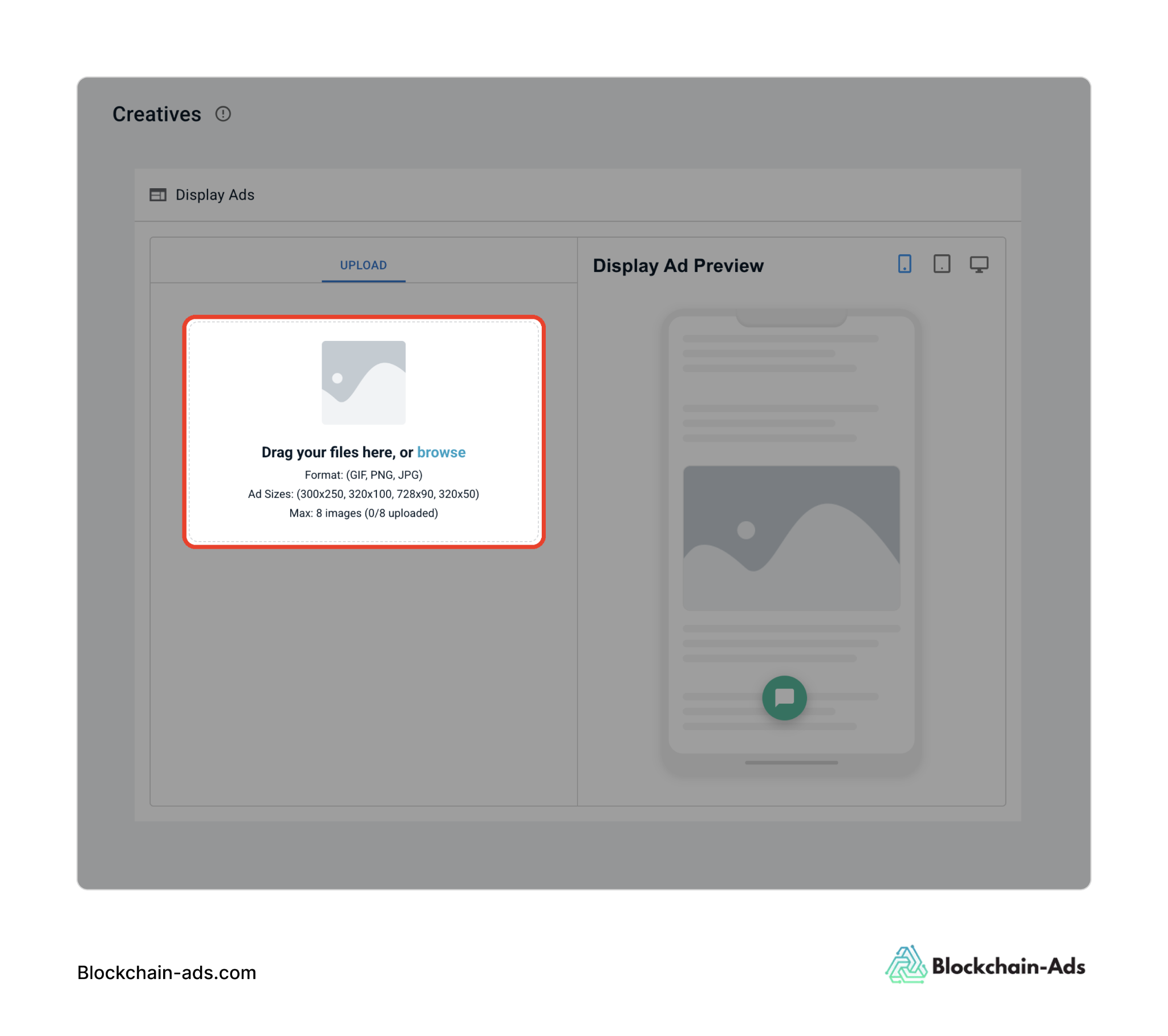 Screenshot of how to upload and launch creatives