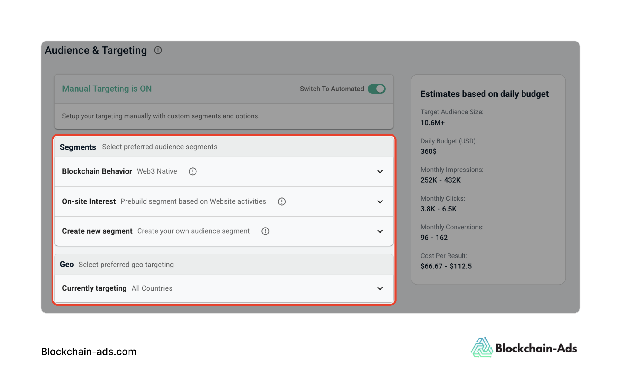 Screenshot of how to build your audience on the Blockchain-Ads hub