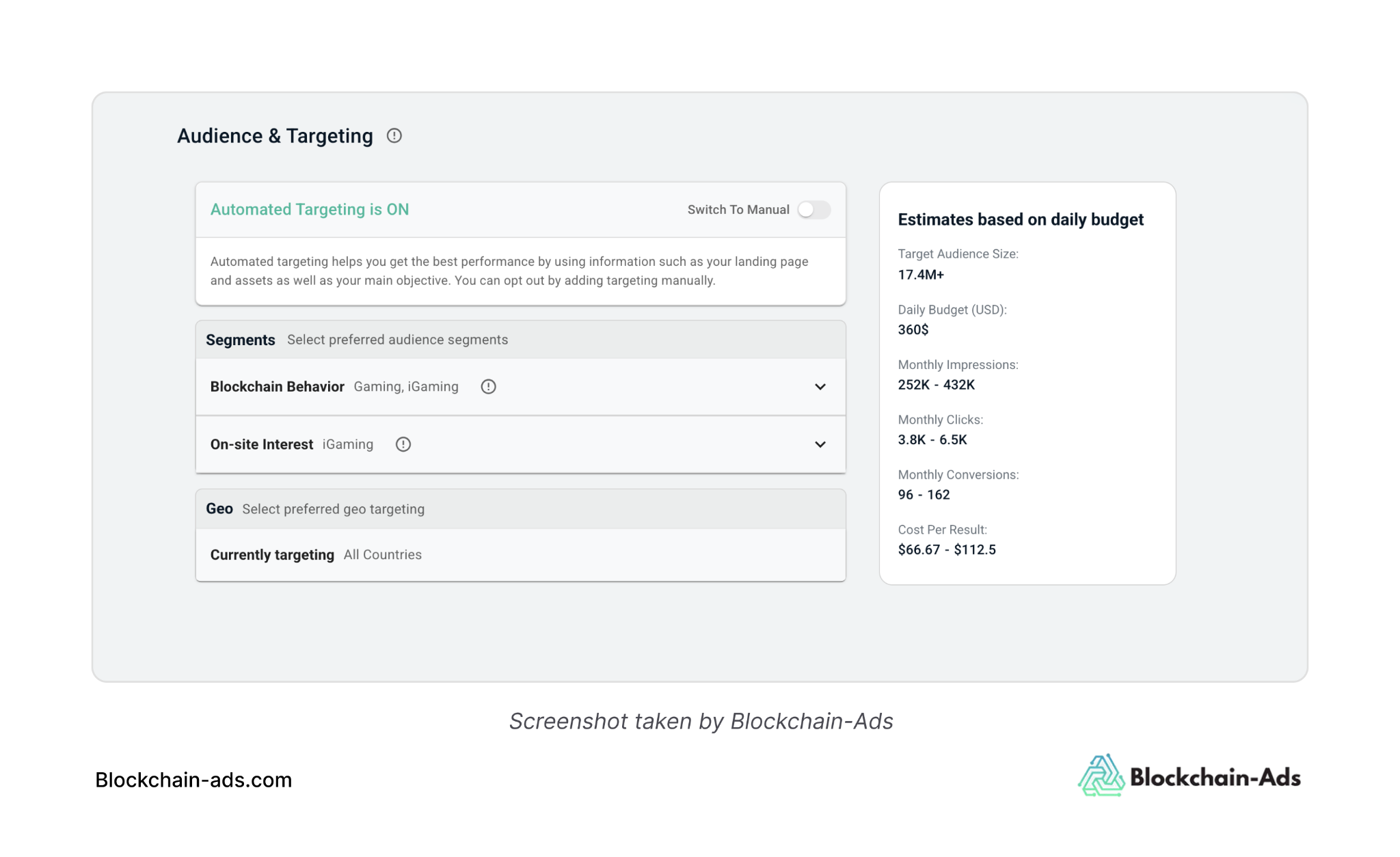 Screenshot of how to Target by Audience and GEO on Blockchain-Ads