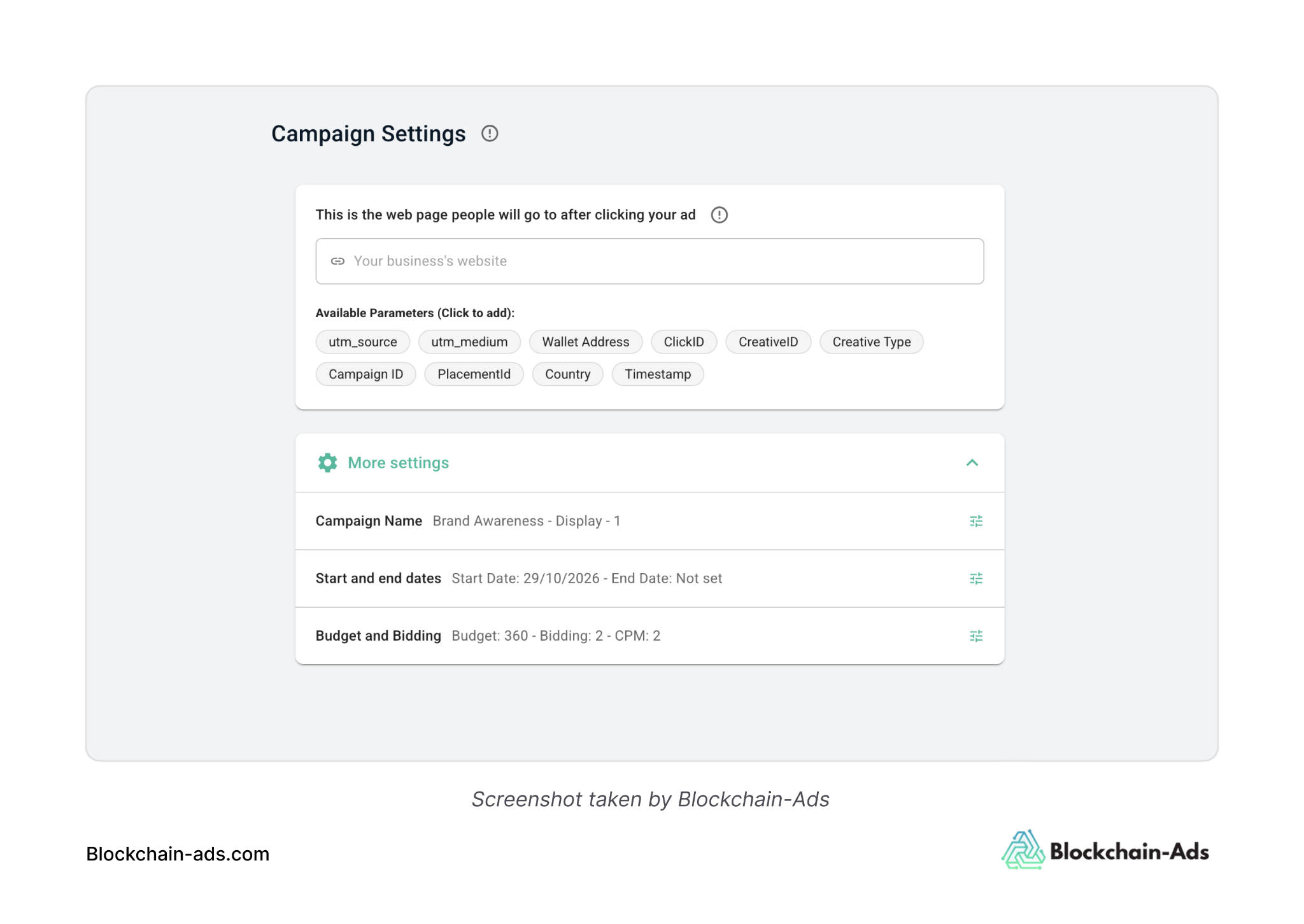 Screenshot of how to set Set Bids and Daily Budgets on Blockchain-Ads Hub
