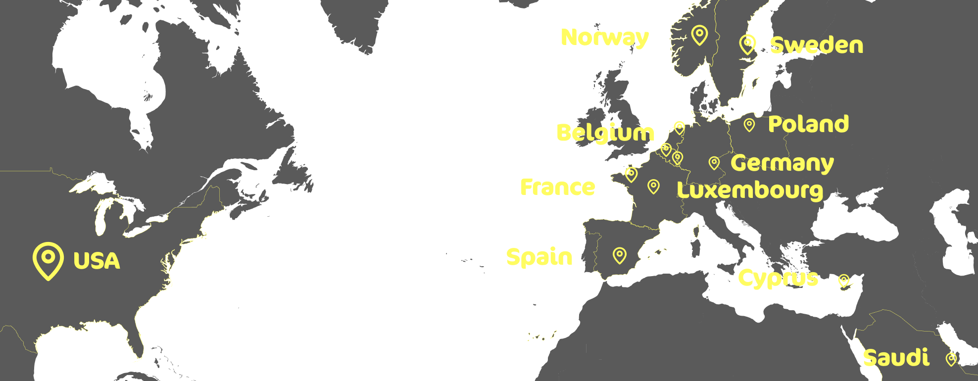 A photo of the world map with all of the countries where Pleyo is present highlighted. USA, Norway, Belgium, France, Spain, Sweden, Poland, Germany, Luxembourg, Cyprus and Saudi.