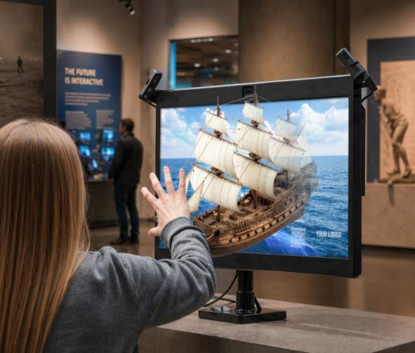 A visitor exploring an interactive 3D sailing ship in a museum