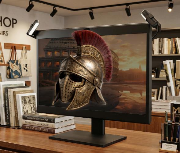 A Roman helmet visualised on a STARKIT SRD display in a museum shop