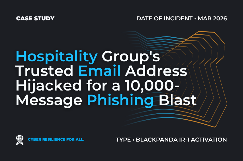 Case study banner: Hospitality Group’s Trusted Email Address Hijacked for a 10,000-Message Phishing Blast. Type: Blackpanda IR-1 Activation.