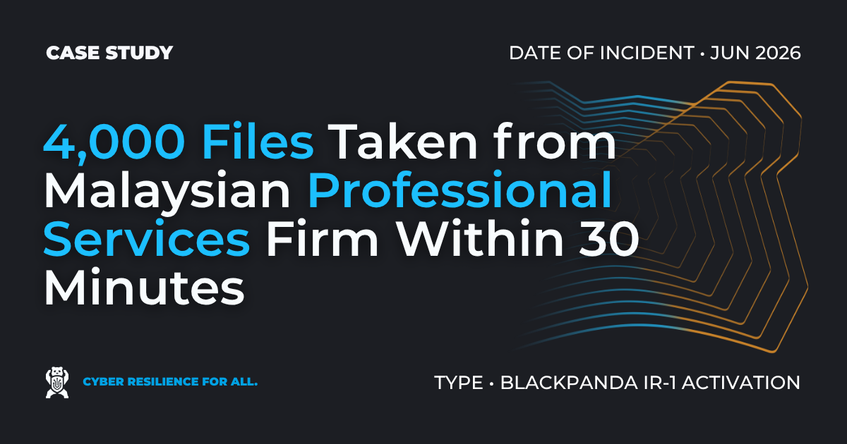 Case study banner: 4,000 Files Taken from Malaysian Professional Services Firm Within 30 Minutes. Type: Blackpanda IR-1 Activation.