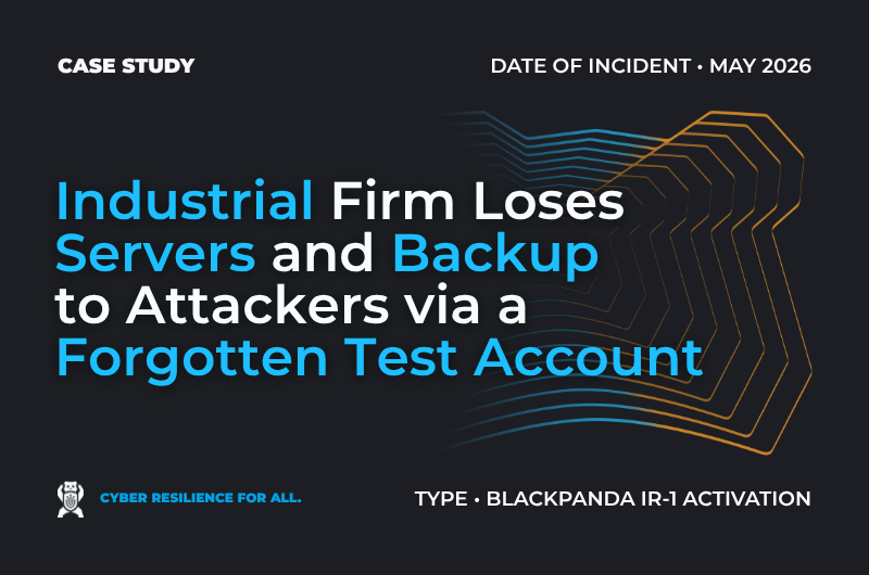 Case study banner: Industrial Firm Loses Servers and Backup to Attackers via a Forgotten Test Account. Type: Blackpanda IR-1 Activation.