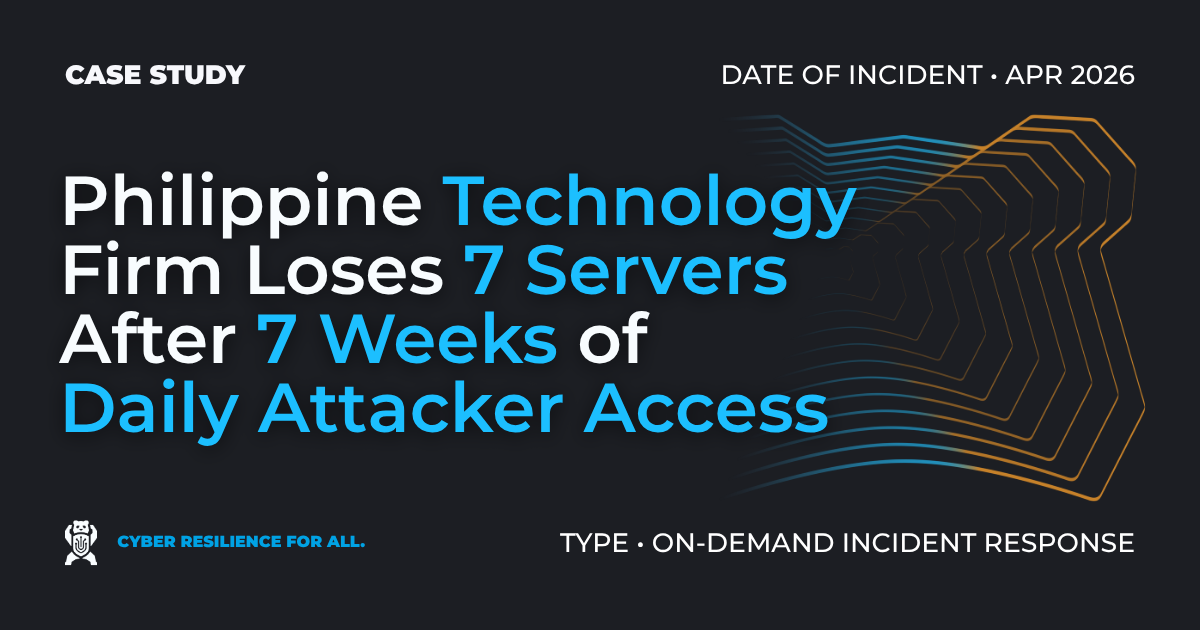 Case study banner: Philippine Technology Firm Loses 7 Servers After 7 Weeks of Daily Attacker Access. Type: On-Demand Incident Response.