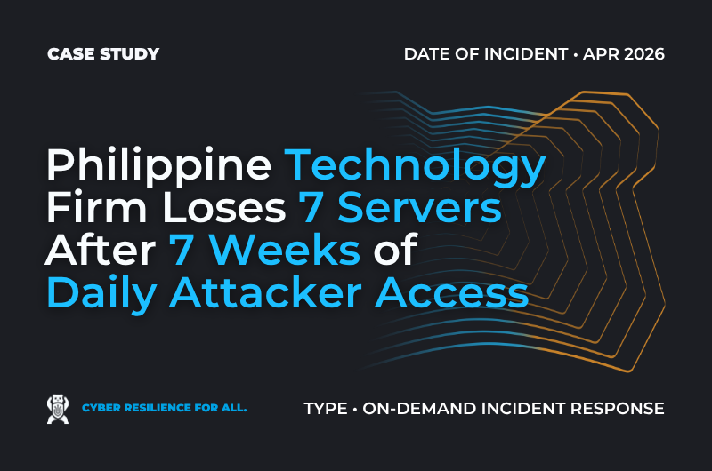Case study banner: Philippine Technology Firm Loses 7 Servers After 7 Weeks of Daily Attacker Access. Type: On-Demand Incident Response.