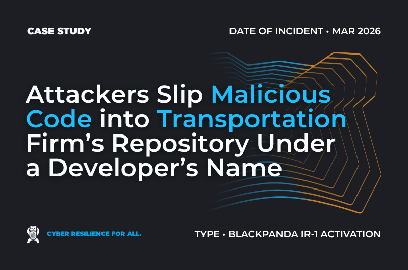 Case study banner: Attackers Slip Malicious Code into Transportation Firm’s Repository Under a Developer’s Name. Type: Blackpanda IR-1 Activation.