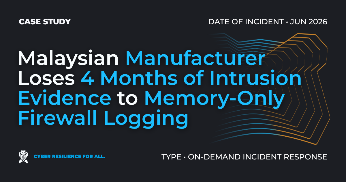 Case study banner: Malaysian Manufacturer Loses Four Months of Intrusion Evidence to Memory-Only Firewall Logging. Type: On-Demand Incident Response.
