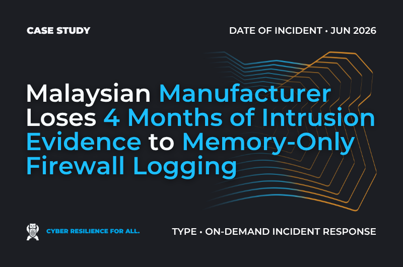 Case study banner: Malaysian Manufacturer Loses Four Months of Intrusion Evidence to Memory-Only Firewall Logging. Type: On-Demand Incident Response.