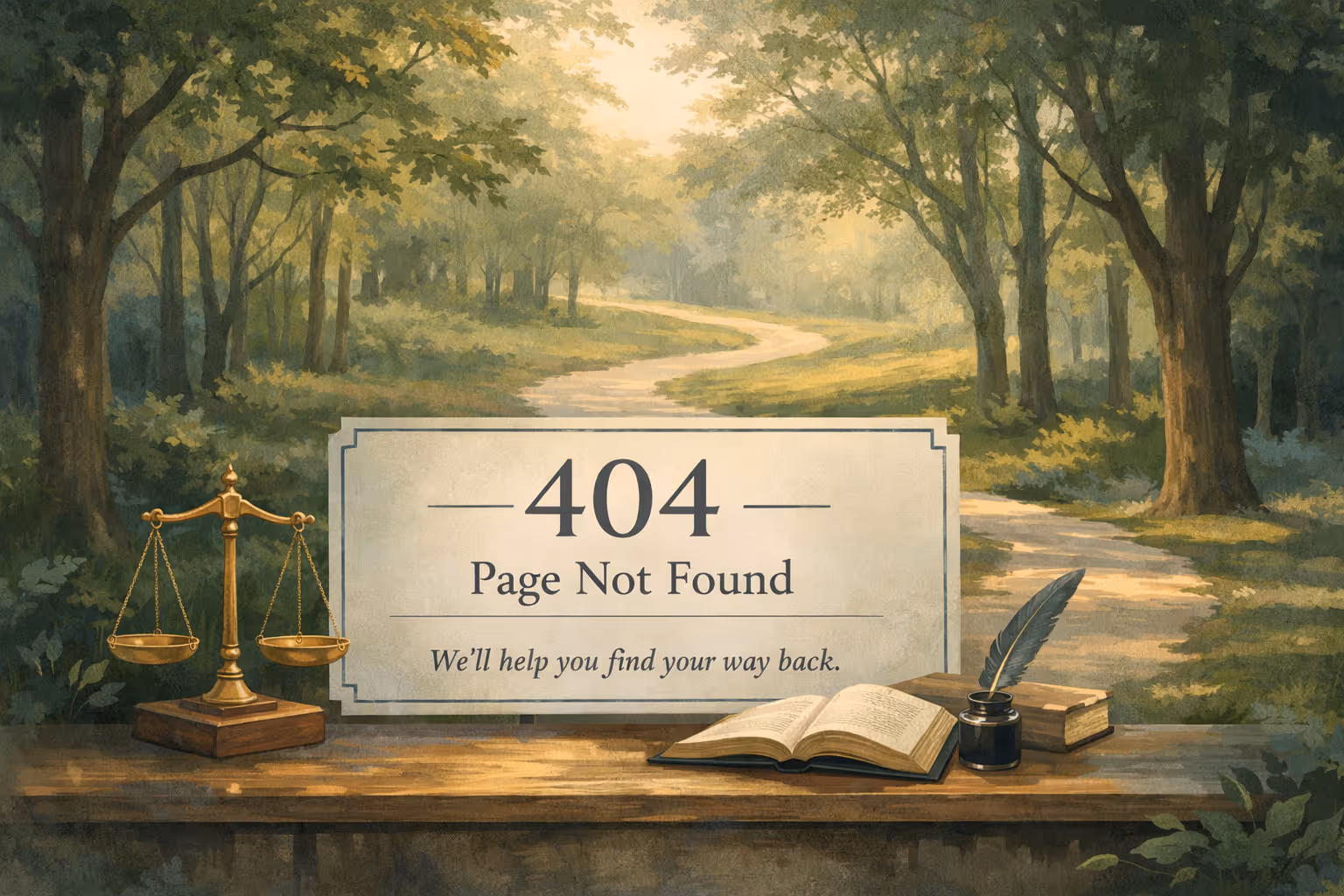 Serene 404 error page illustration showing a winding path through a leafy park with soft sunlight, a sign reading “404 Page Not Found – We’ll help you find your way back,” and subtle legal symbols including scales, an open book, and a quill, conveying calm guidance and trust for a law firm website.