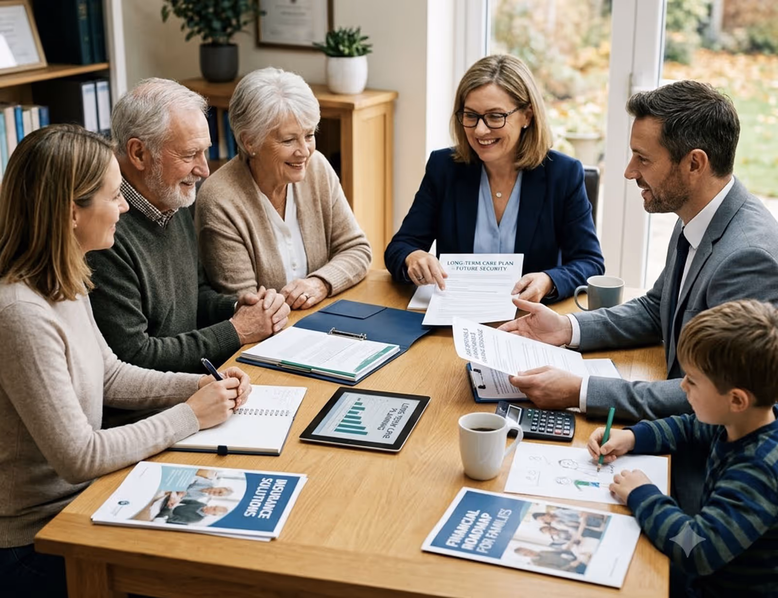 Financial advisors and elderly couple discuss long-term care while a child draws at the table.