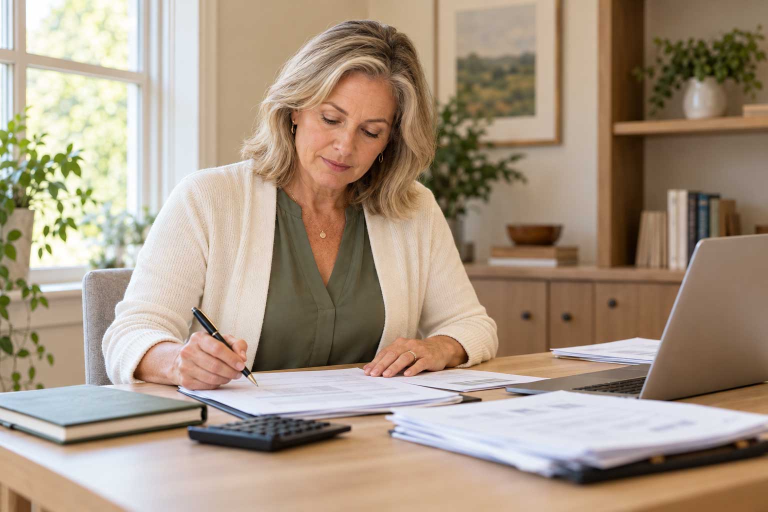 A business owner reviewing financial documents at her desk.