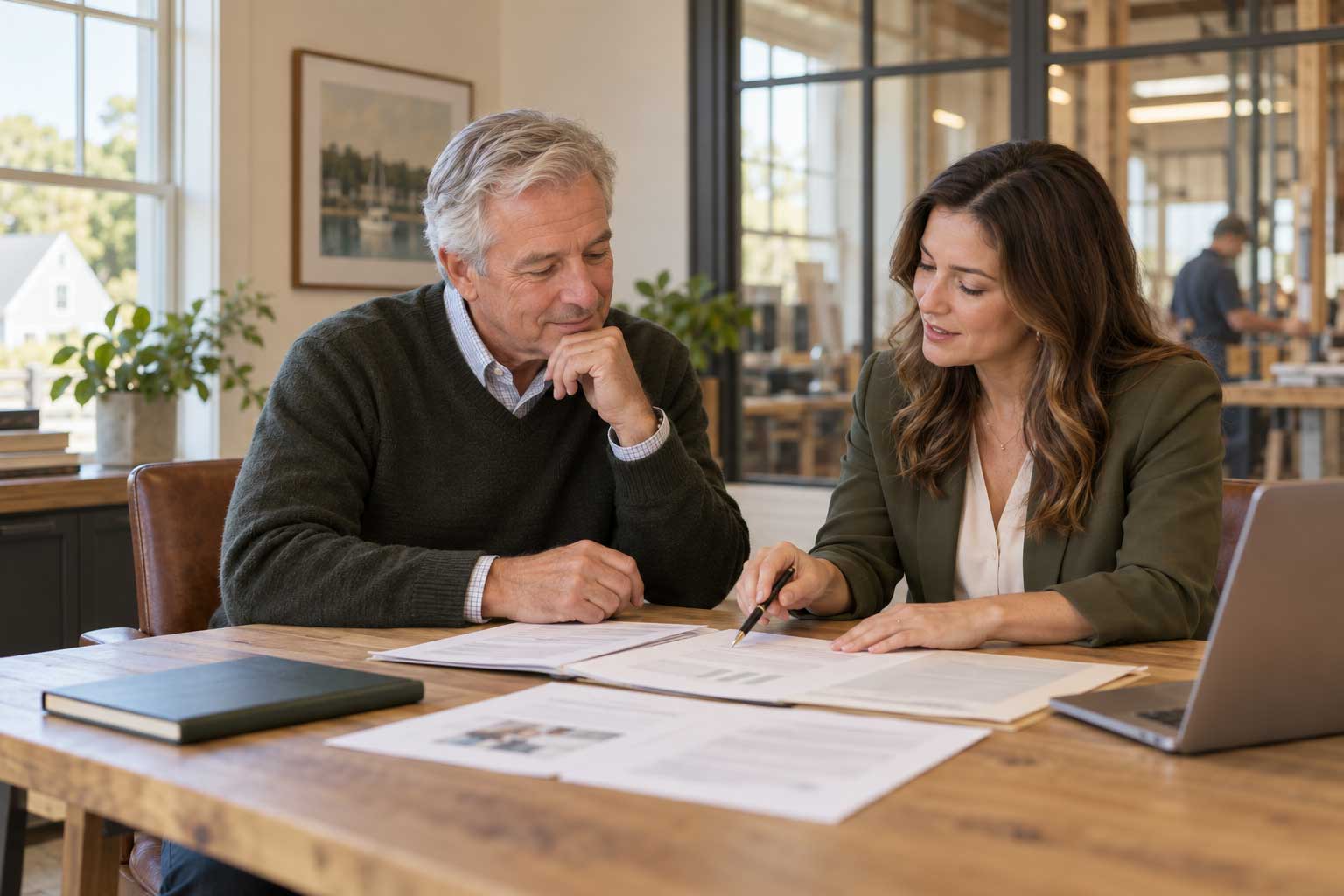 An older business owner and his daughter discussing business transition plans together.