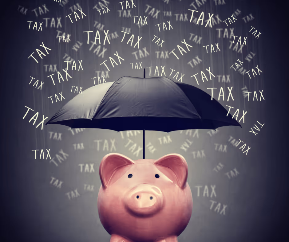 piggybank with umbrella over head and the word tax in multiple times illustration - New Haven County estate planning